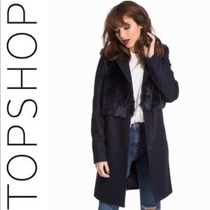 Topshop Navy Wool Blend Faux Fur Coat